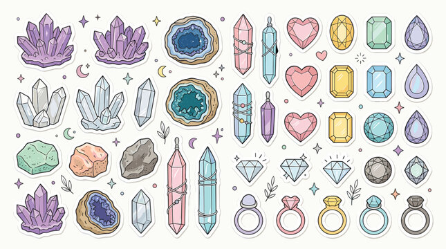 Mystical crystal and gemstone sticker set, hand drawn magic mineral collection, pastel quartz and amethyst geode vector illustrations for planners
