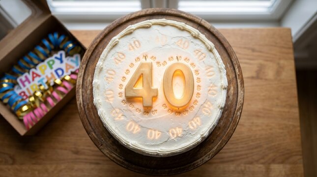 A birthday cake with unlit candles, the number candles (40) glowing faintly from within, no flame