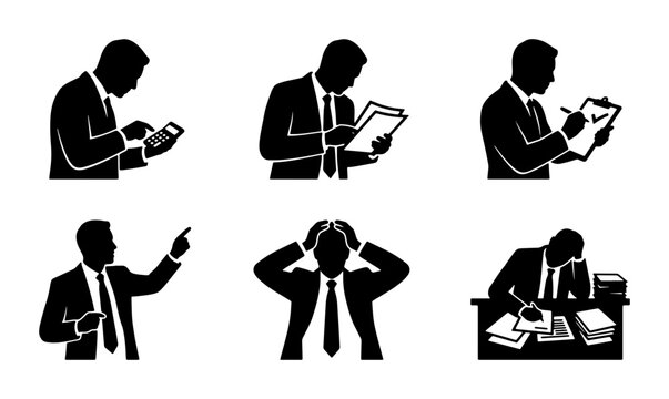 Business Professionals Silhouettes: 6 Icons for Finance, Management, and Office Work, Vector Graphics