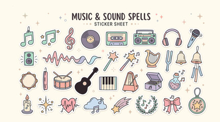 Music and sound spells sticker sheet, pastel aesthetic musical instrument icons, whimsical hand drawn audio equipment and magic elements vector set © DesignAura