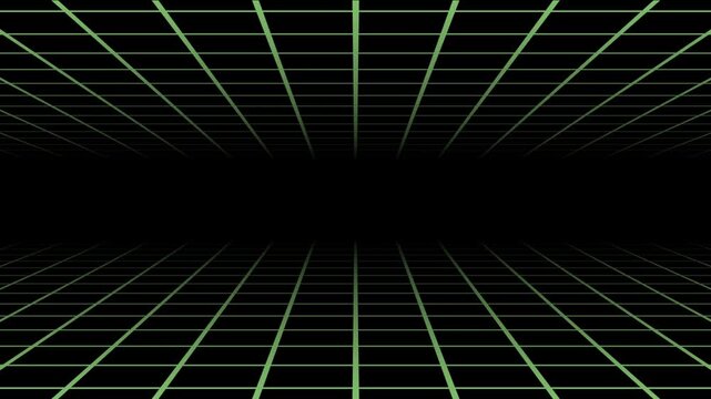 Neon grid tunnel animation, glowing neon grid lines, digital black background, seamless loop effect, retro 80s style motion, abstract tech design, 4k resolution video.