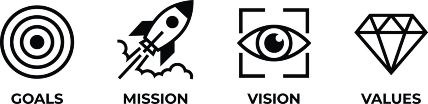 Business Goals Mission Vision and Values Icon Set for Corporate Strategy Leadership and Branding Concepts