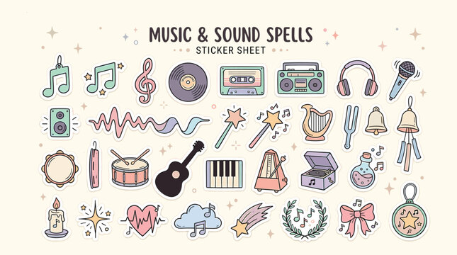 Music and sound spells sticker sheet, pastel aesthetic musical instrument icons, whimsical hand drawn audio equipment and magic elements vector set