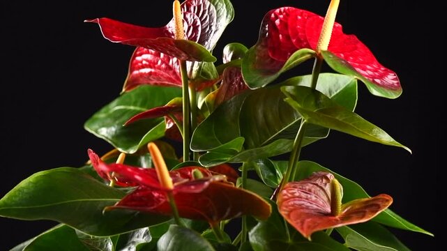 Anthurium House plant Anturium rotating over black background, Anthurium heart shaped flower, Flamingo flowers or Anthurium andraeanum (Araceae, Arum). 