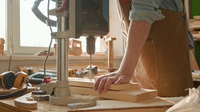 Midsection shot of unrecognisable male woodworker wearing apron using drill press machine in sunlit workshop