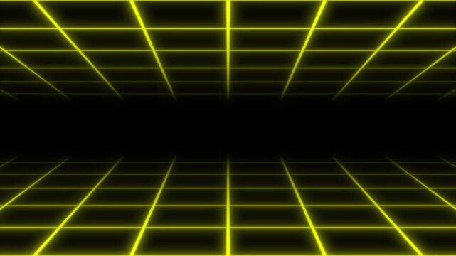 Retro futuristic neon grid tunnel, glowing cyberpunk lines, retro 80s synthwave theme, digital terrain motion, black background, seamless loop, futuristic technology design, 4k.
