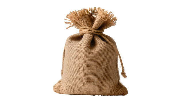 Isolated small burlap sack tied with natural string, empty rustic textile pouch for packaging