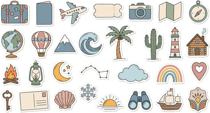 Vintage travel stickers set, 28 hand drawn adventure icons in muted pastel colors, retro vacation elements for scrapbooking and planning