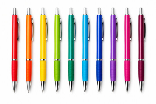 Large set of colorful ballpoint pens with silver accents in rainbow spectrum isolated on white