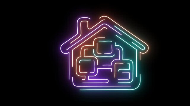 Neon smart home network animation: connected io t technology and digital house automation concept internet of automation