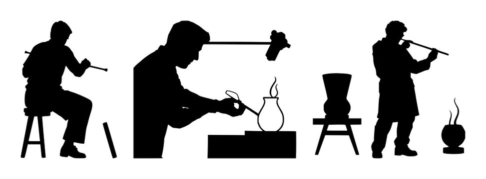Glassblower set with solid black silhouette of artisan shaping molten glass with blowpipe featuring black line art, graphic illustration, craft with torch and furnace and white background