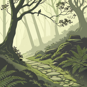 Stone path winding through a misty forest with trees and a bird perched on a branch stepping stones serene landscape tranquil woodland branches environment peaceful ethereal illustration