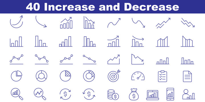 Increase and Decrease icon set. Contain icons related to Increase, decrease, graph, charts, market trends, profit, loss, and more. Editable stroke. Vector illustration