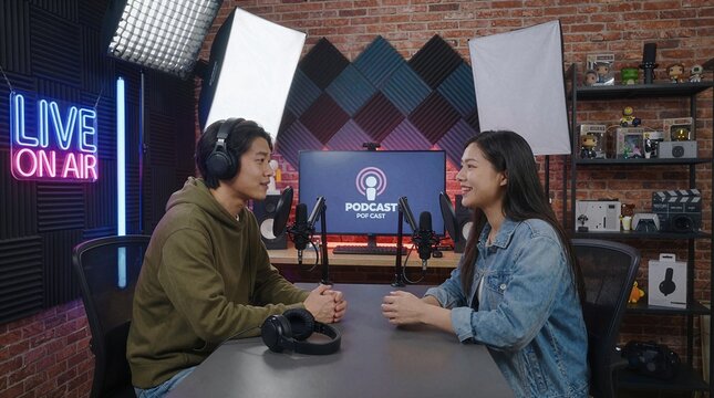Two people recording a podcast at a desk in a studio with a Live On Air neon sign