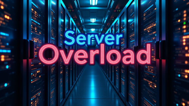 Futuristic server corridor with glowing typography representing catastrophic processing overload and severe infrastructure instability