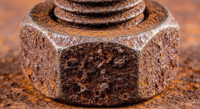 A macro close-up view of a heavily corroded iron bolt and hexagonal nut covered in thick brown rust, showing detailed texture and decay, abandoned, rustic, screw