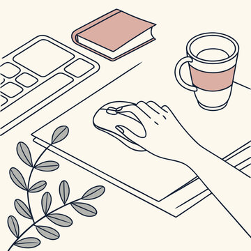 Hand using computer mouse on desk with book and coffee
