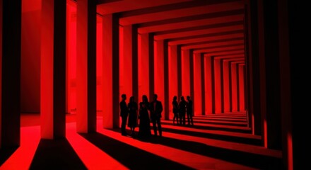 Fototapeta premium Abstract Concept of Silhouetted Business People Walking Through a Futuristic Red Hallway with Pillars