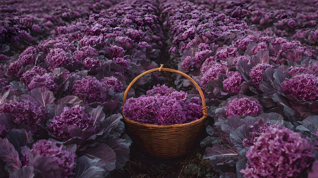 Purple cabbage purple kale cabbage field harvest basket salad ingredient vegetable crop leafy vegetable farm rows rural agriculture autumn harvestA woven basket filled with deep purple cabbage