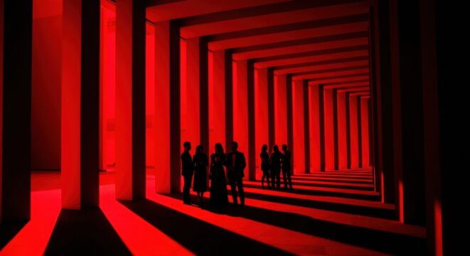 Abstract Concept of Silhouetted Business People Walking Through a Futuristic Red Hallway with Pillars