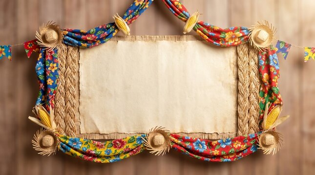 Festa Junina: Decorative Straw and Chita Fabric Banner Mockup