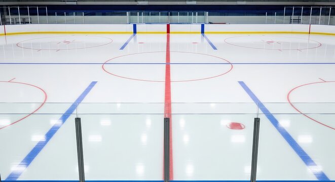 A pristine indoor hockey ice skating rink features fresh white ice, painted blue and red lines, and sturdy transparent glass partitions, texture, ice, frozen