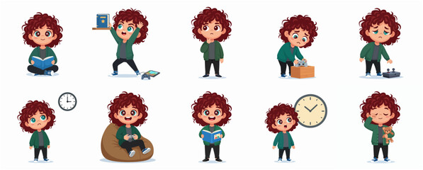 Cute Boy Cartoon Character Set with Different Emotions, Poses, and Daily Activities © Elara
