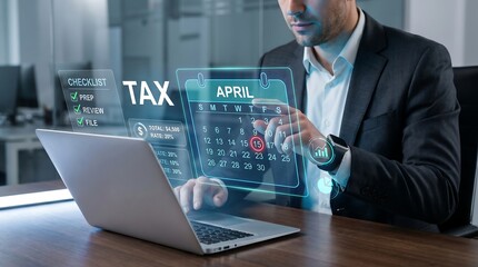 Fototapeta premium Man working on laptop with virtual screen displaying tax information, tax return filing deadline in april, business financial planning and digital tax management