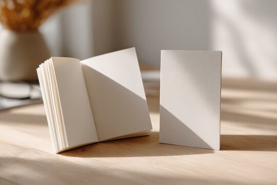 Open and closed blank booklet on a minimalist wooden desk