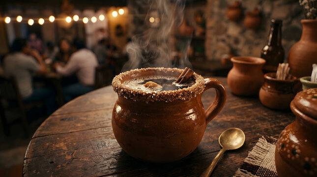 Steaming cafe de olla in traditional clay mug