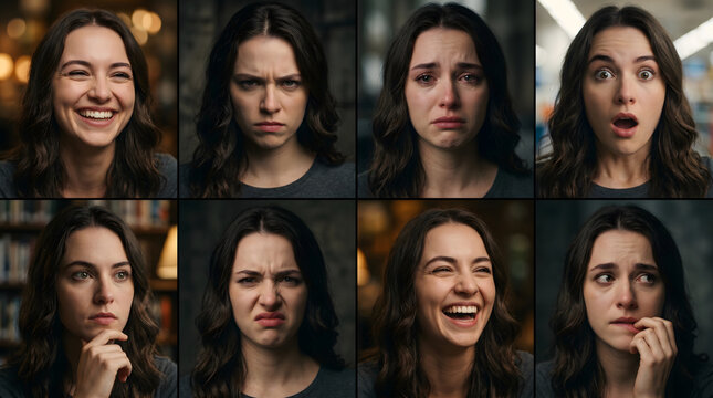 Woman showing various emotions with collage facial expressions
