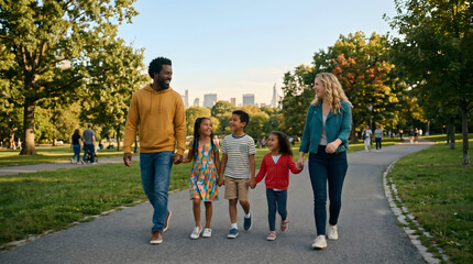Obraz premium Diverse family walking hand in hand in central park