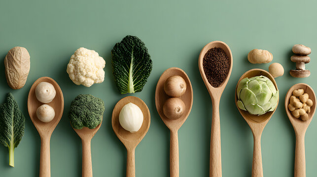 Fresh vegetable assortment on wooden spoons with greens and mushrooms evoking sustainable food ecosystem and minimal organic lifestyle for healthy cooking and plant based diet