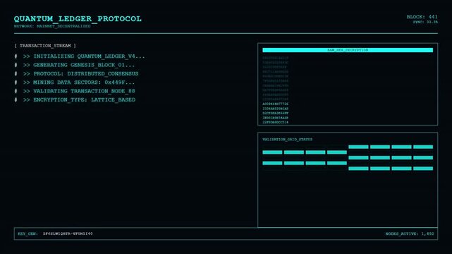 Quantum Ledger Protocol Blockchain Transaction Stream and Decentralized Network Data Encryption Interface Animation.