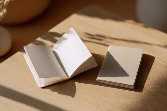 Minimalist stationery composition featuring open blank booklet and closed counterpart