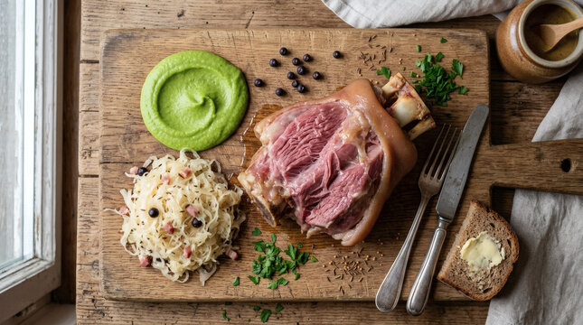 Authentic Berlin Eisbein Pork Knuckle with Sauerkraut on Rustic Board