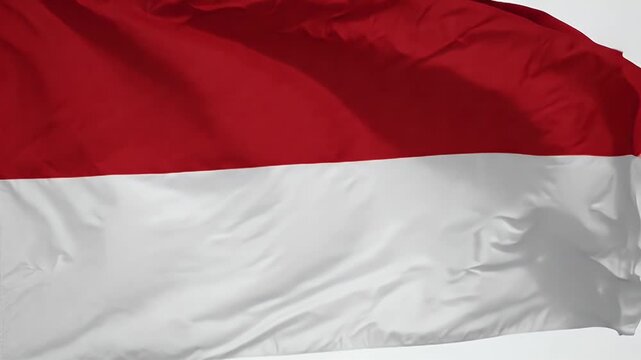 The video showcases the flag of Indonesia, featuring two horizontal stripes with red on the top and white on the bottom, fluttering majestically in the wind.