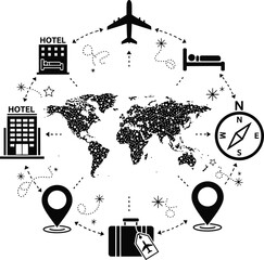 Global travel icons and world map with airplane flight routes © Rajna