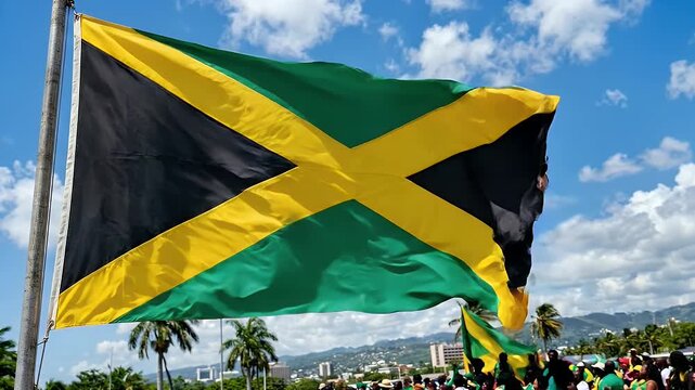 The Jamaican flag waves prominently against a bright blue sky, signaling a vibrant day. Below, a gathering of people, some holding smaller flags, adds to the festive atmosphere, while palm trees and