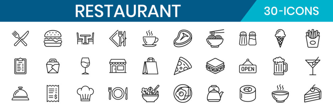 Restaurant Themed Icons Clean Grid Layout Crossed Fork Knife Plate Cutlery Chef Hat