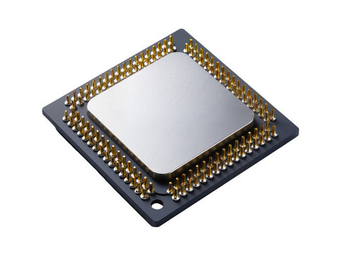 Isolated modern computer processor unit chip with shiny gold pins for advanced computing