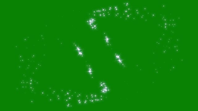 Elegant oposite two side glitter sparkle swirl, glowing magic dust stream, shining white twinkle stars, fairy wand trail particles, festive luxury starlight overlay animation on green background.4k