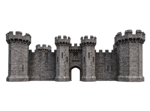 Isolated ancient medieval castle wall section featuring multiple defensive towers and a main arched entrance