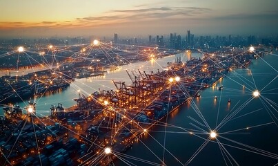 Obraz premium Digital network over busy global shipping port city harbor at dusk with container ships.