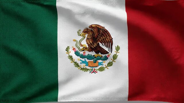 The video shows the Mexican flag gently waving. The flag features vertical stripes of green, white, and red, with the national coat of arms at the center, depicting an eagle on a cactus devouring a