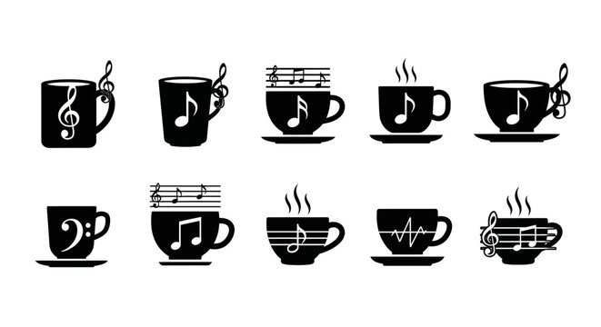 Musical coffee cup icons set featuring melody notes treble clef bass clef sheet music and sound wave symbols for musicians composers and jazz lovers silhouettes