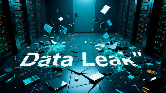 Shattered digital floor with glowing typography illustrating catastrophic information exposure and compromised infrastructure security systems