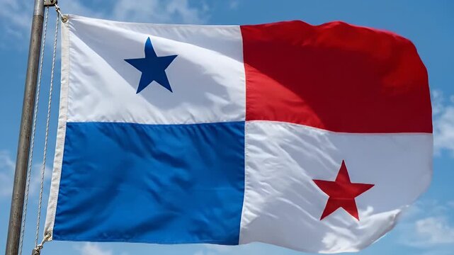 The video captures the national flag of Panama waving against a clear blue sky. The flag features a blue star in the white quadrant at the top left and a red star in the white quadrant at the bottom