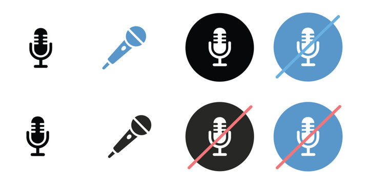 Microphone icons set featuring mute, karaoke, and vocal controls in grey, blue, and black buttons for apps.
