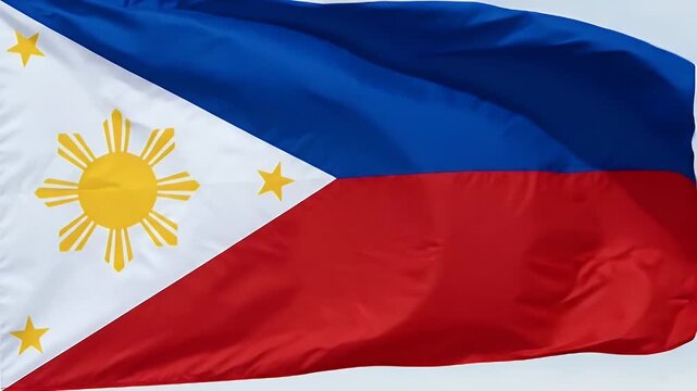 A close-up shot showcases the vibrant flag of the Philippines featuring a blue stripe, red stripe, white triangle, golden sun, and three golden stars.